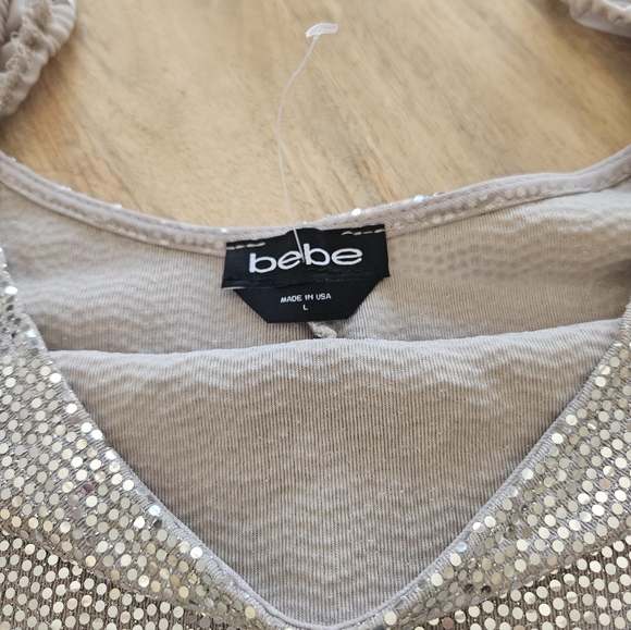 NWOT BEBE Silver Sequin Dress with Sheer Sleeves - Picture 9 of 11